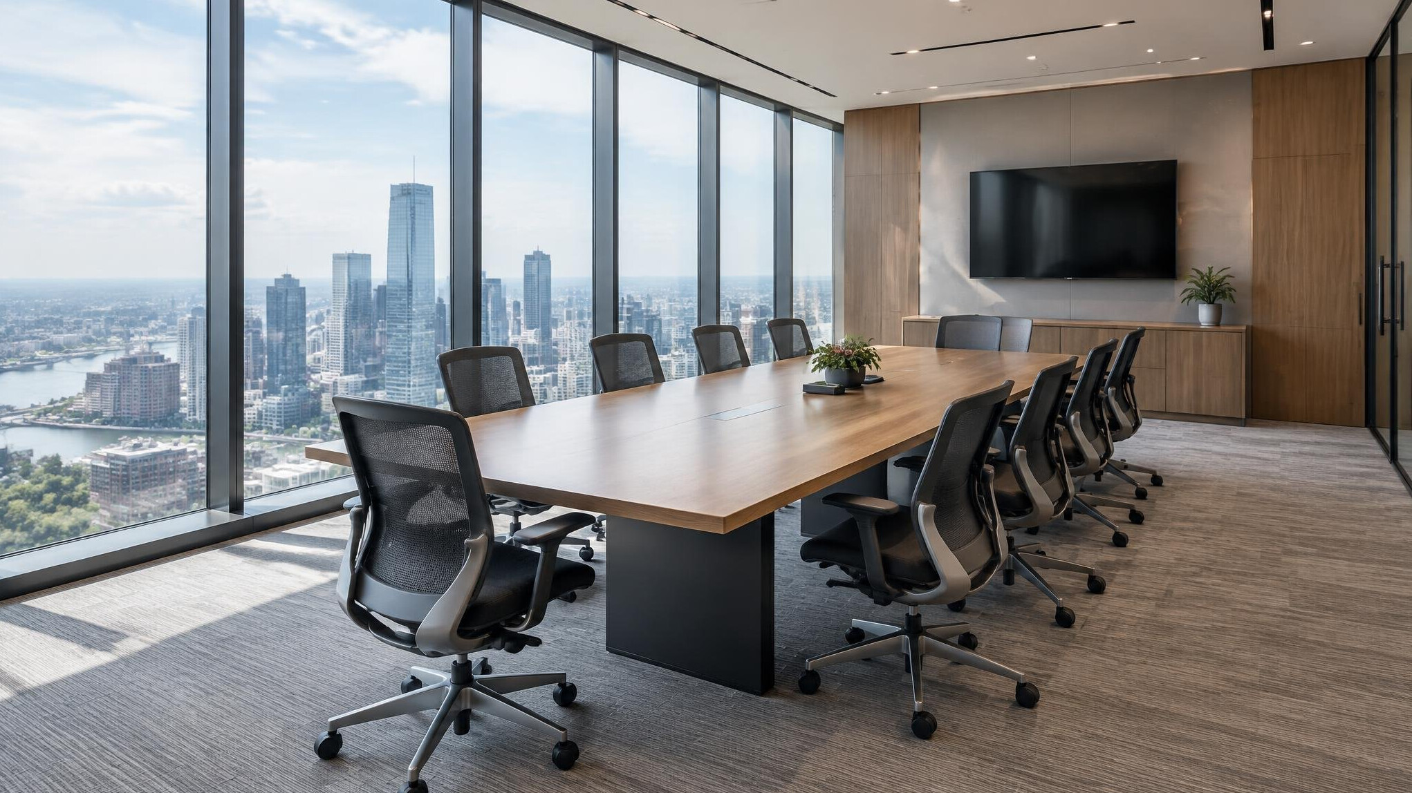 Empty modern meeting room with a large table and glass walls